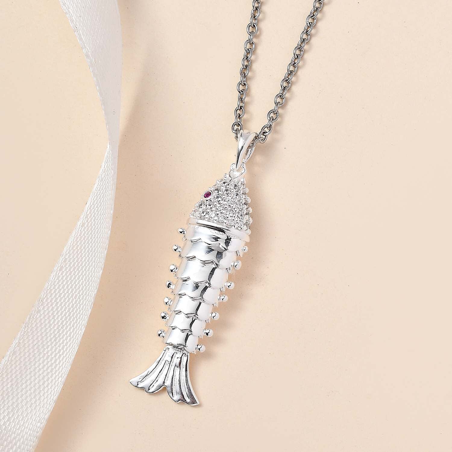 Vicenza Closeout - Articulated Fish Simulated Red and White Diamond Pendant in Platinum Overlay Sterling Silver with Free Chain (Size 20)