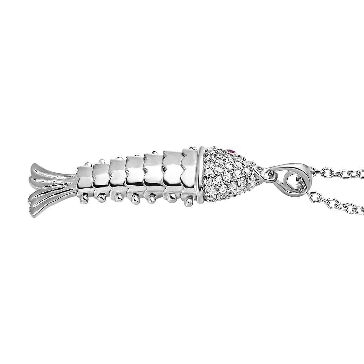 Vicenza Closeout - Articulated Fish Simulated Red and White Diamond Pendant in Platinum Overlay Sterling Silver with Free Chain (Size 20)