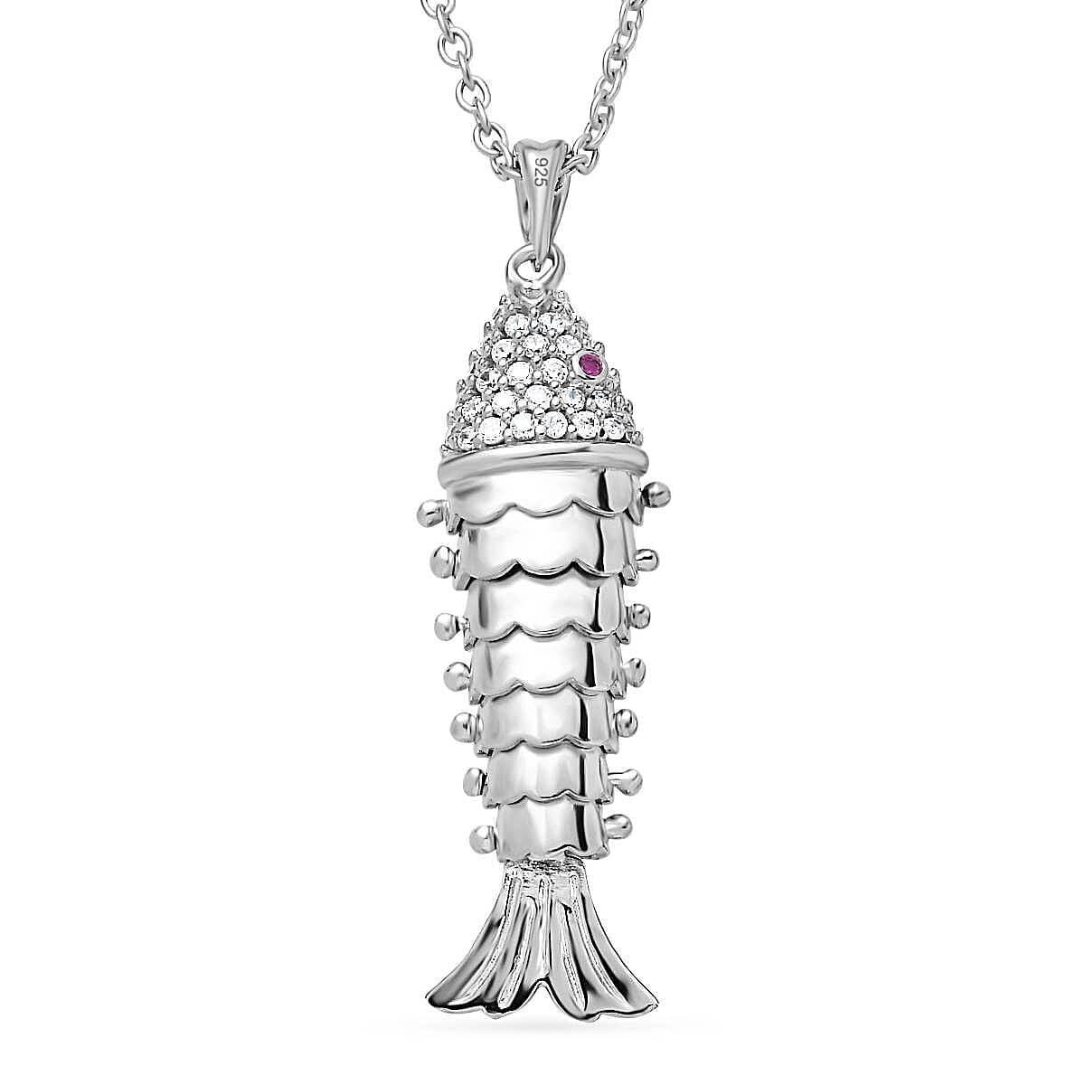 Vicenza Closeout - Articulated Fish Simulated Red and White Diamond Pendant in Platinum Overlay Sterling Silver with Free Chain (Size 20)