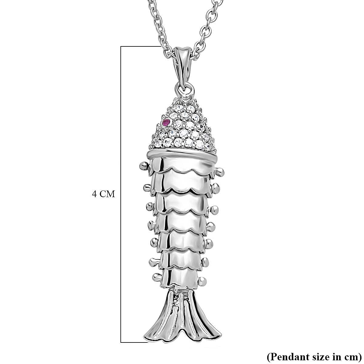 Vicenza Closeout - Articulated Fish Simulated Red and White Diamond Pendant in Platinum Overlay Sterling Silver with Free Chain (Size 20)