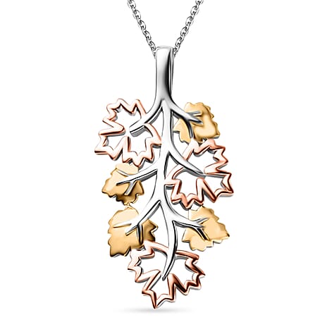 GP Maple Leaf Collection - Leaf Pendant with Chain (Size 20) in 18K Vermeil Yellow & Rose Gold Plated and Platinum Overlay Sterling Silver