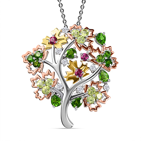 GP Maple Leaf Collection - Multi Gemstone Tree Pendant with Chain (Size 20) in Three Tone Plated Sterling Silver 2.60 Ct, Silver Wt. 5.68 Gms
