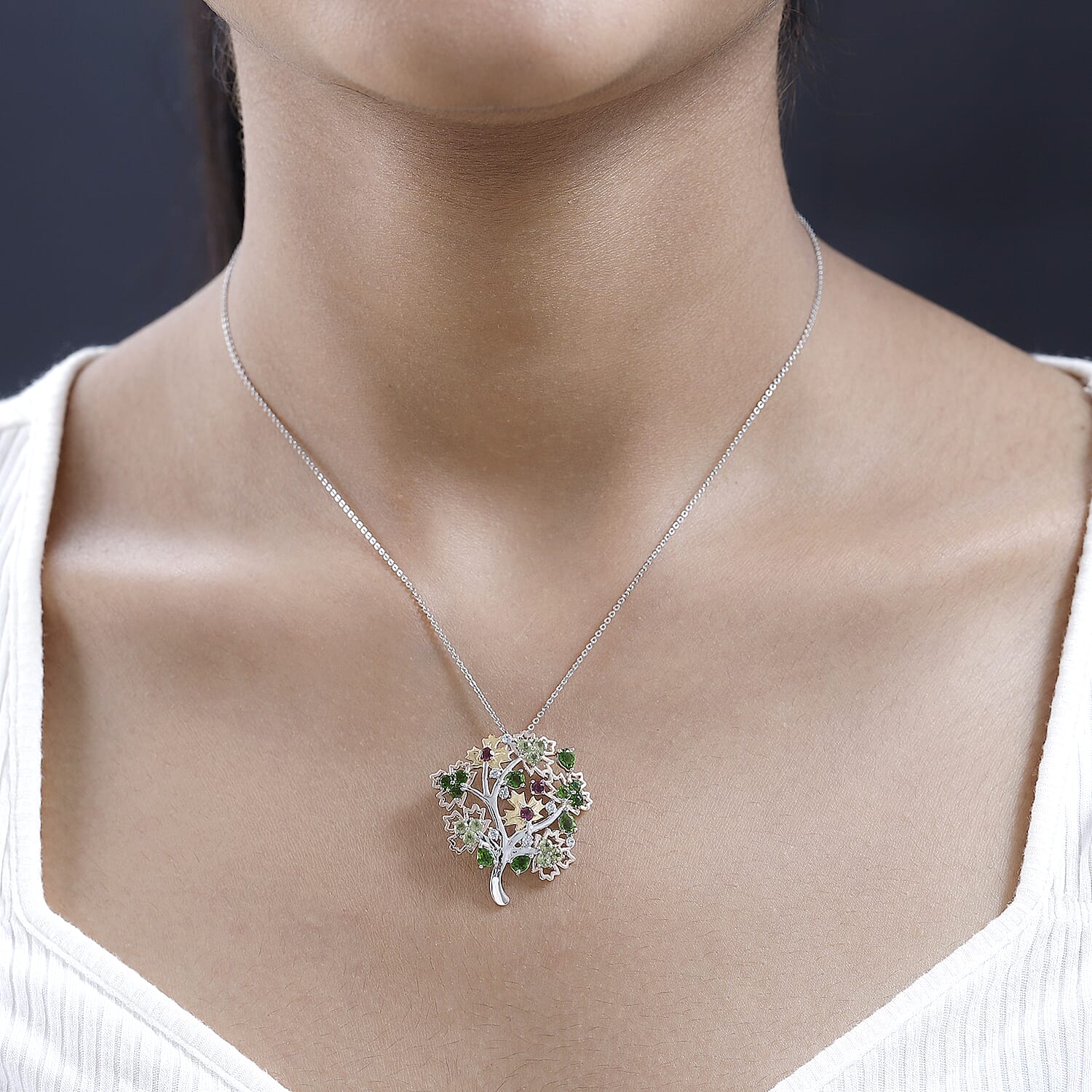 GP Maple Leaf Collection - Multi Gemstone Tree Pendant with Chain (Size 20) in Three Tone Plated Sterling Silver 2.60 Ct, Silver Wt. 5.68 Gms