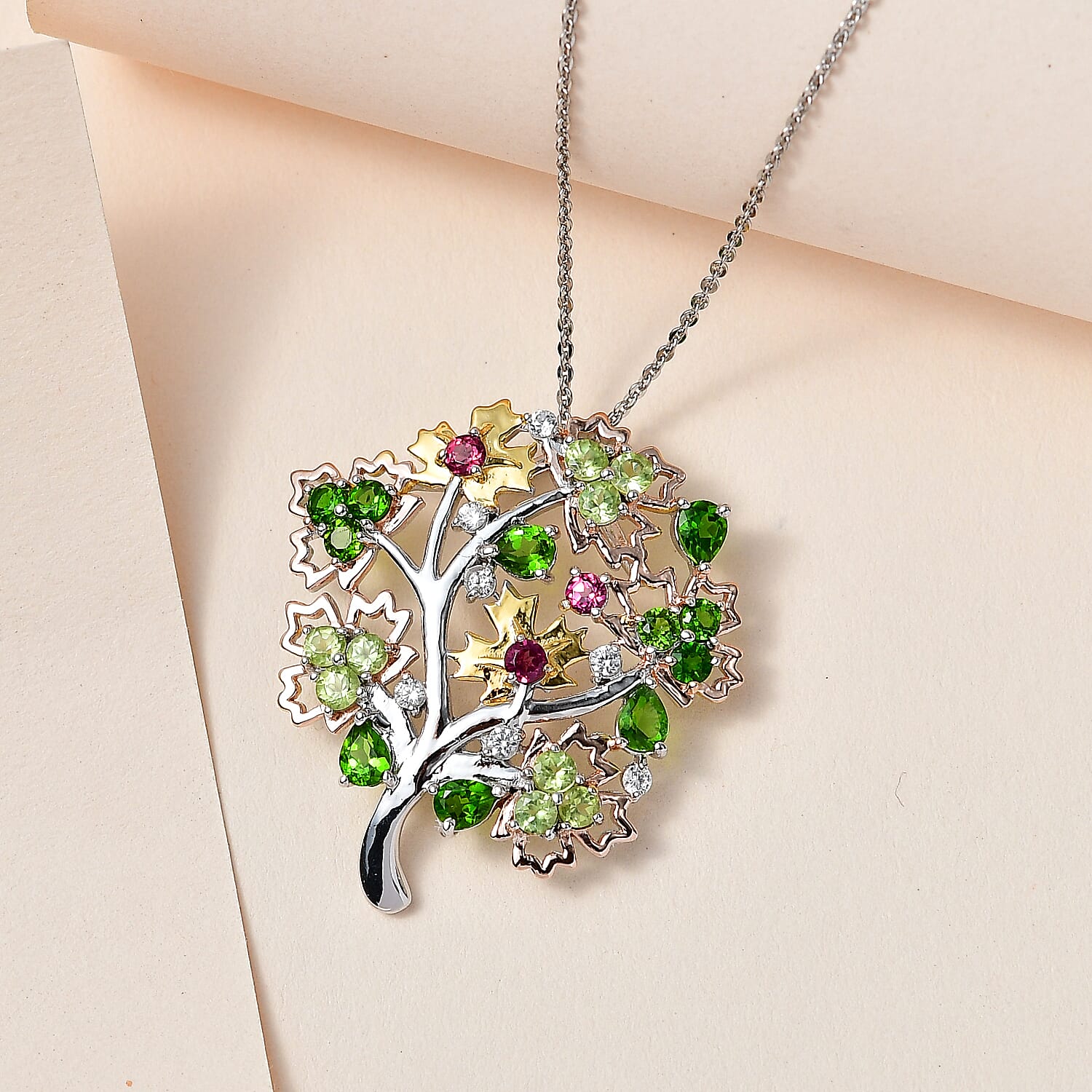 GP Maple Leaf Collection - Multi Gemstone Tree Pendant with Chain (Size 20) in Three Tone Plated Sterling Silver 2.60 Ct, Silver Wt. 5.68 Gms