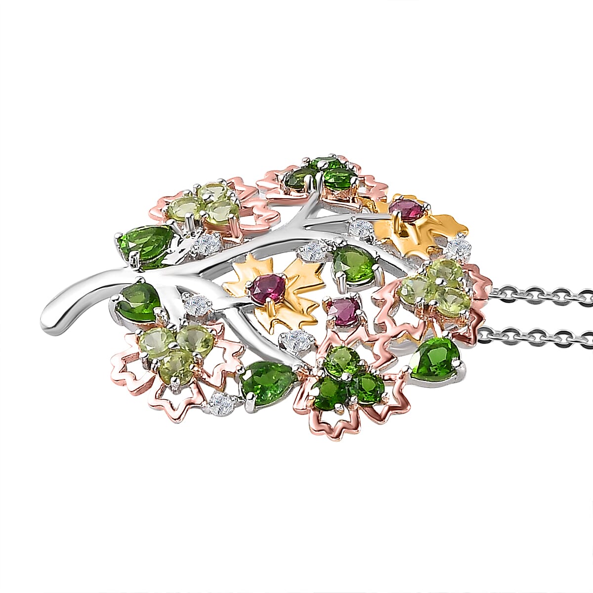 GP Maple Leaf Collection - Multi Gemstone Tree Pendant with Chain (Size 20) in Three Tone Plated Sterling Silver 2.60 Ct, Silver Wt. 5.68 Gms