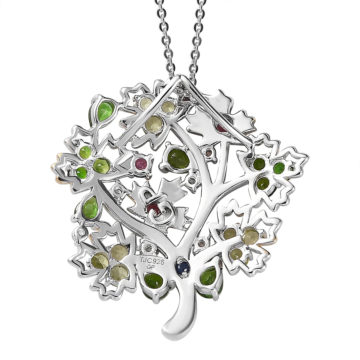 GP Maple Leaf Collection - Multi Gemstone Tree Pendant with Chain (Size 20) in Three Tone Plated Sterling Silver 2.60 Ct, Silver Wt. 5.68 Gms