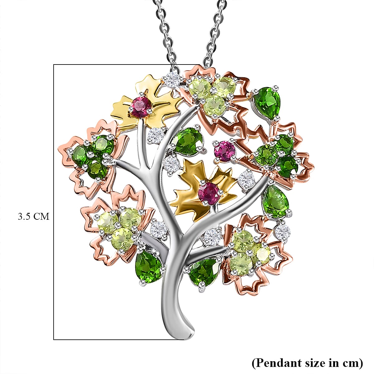GP Maple Leaf Collection - Multi Gemstone Tree Pendant with Chain (Size 20) in Three Tone Plated Sterling Silver 2.60 Ct, Silver Wt. 5.68 Gms