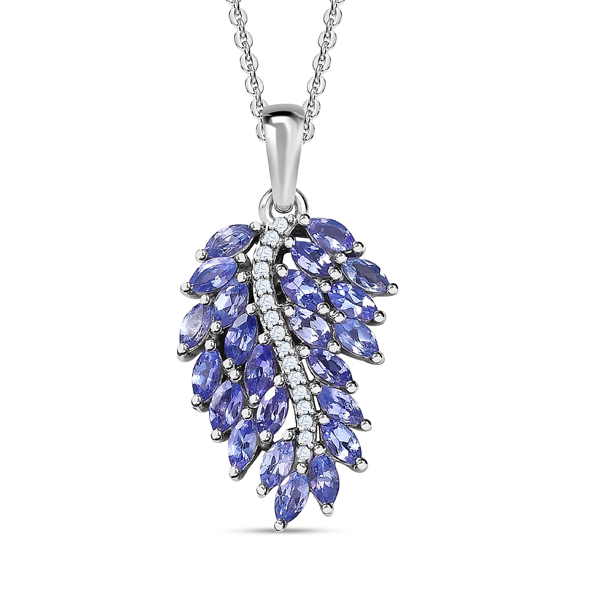 Tanzanite & Natural Zircon Feather Pendant with Chain (Size 20) in Platinum Overlay Sterling Silver 2.06 Ct