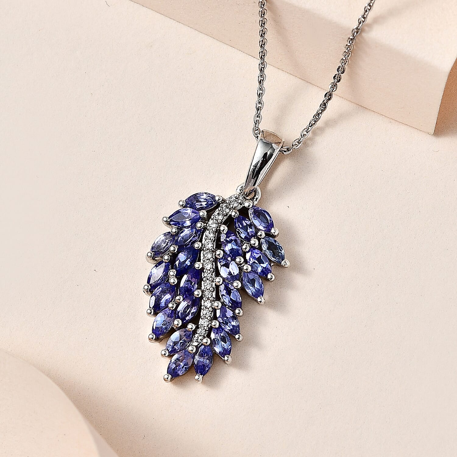 Tanzanite & Natural Zircon Feather Pendant with Chain (Size 20) in Platinum Overlay Sterling Silver 2.06 Ct