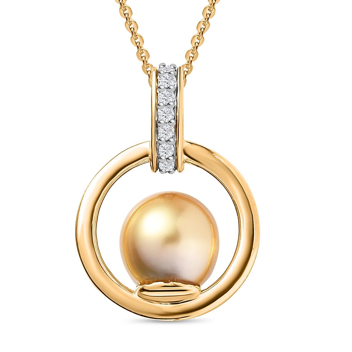 Golden South Sea Pearl & Natural Zircon Pendant with Chain (Size 20) in 18K Vermeil Yellow Gold Plated Sterling Silver