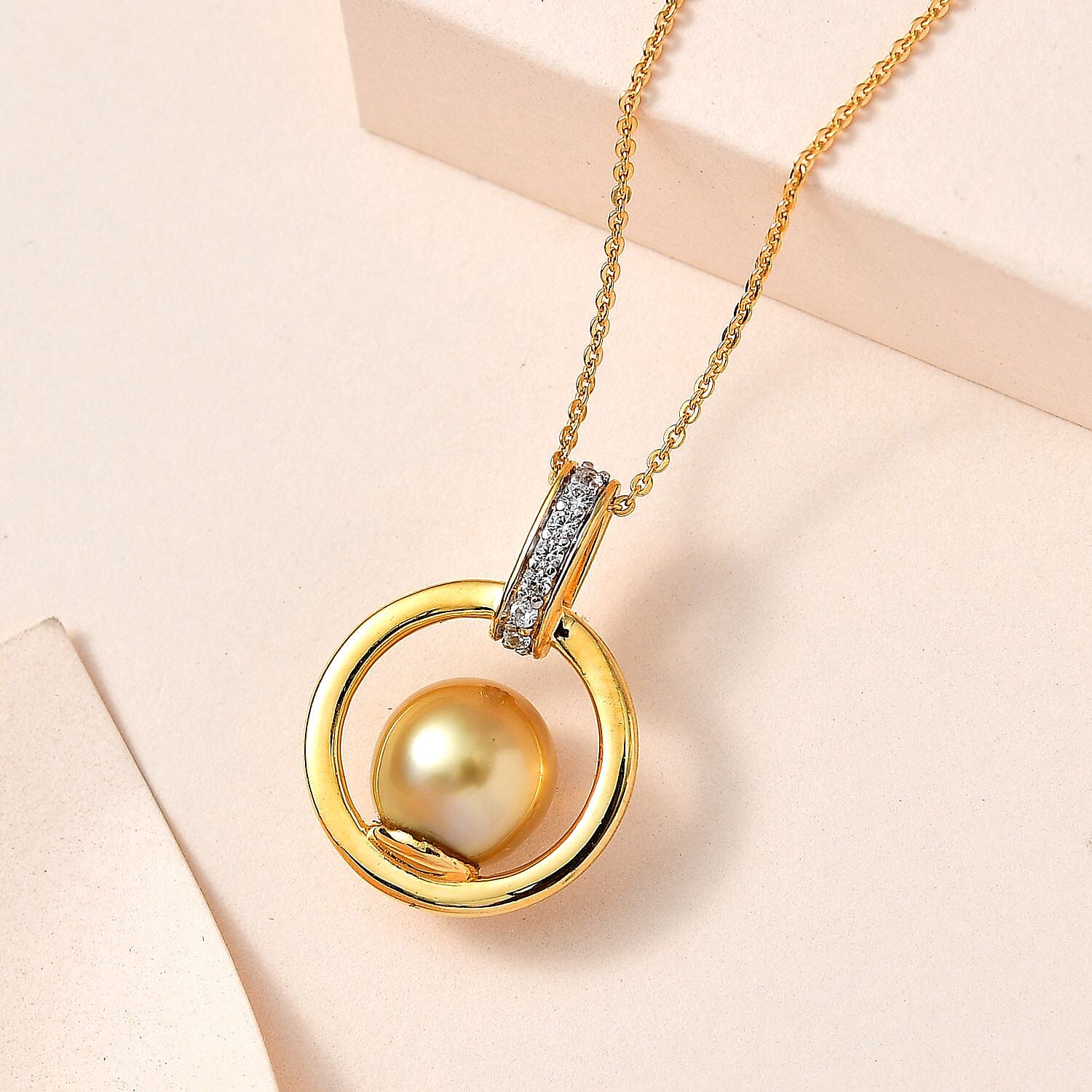 Golden South Sea Pearl & Natural Zircon Pendant with Chain (Size 20) in 18K Vermeil Yellow Gold Plated Sterling Silver