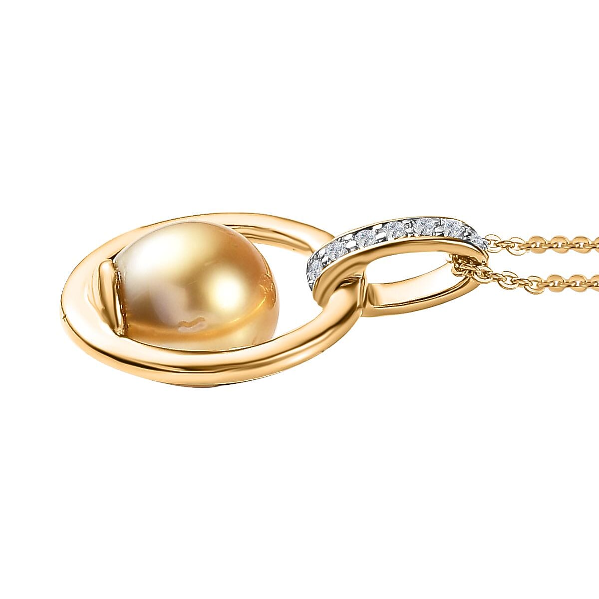 Golden South Sea Pearl & Natural Zircon Pendant with Chain (Size 20) in 18K Vermeil Yellow Gold Plated Sterling Silver