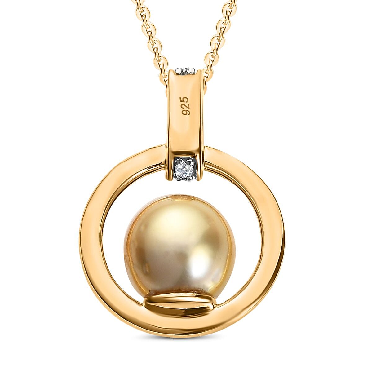 Golden South Sea Pearl & Natural Zircon Pendant with Chain (Size 20) in 18K Vermeil Yellow Gold Plated Sterling Silver