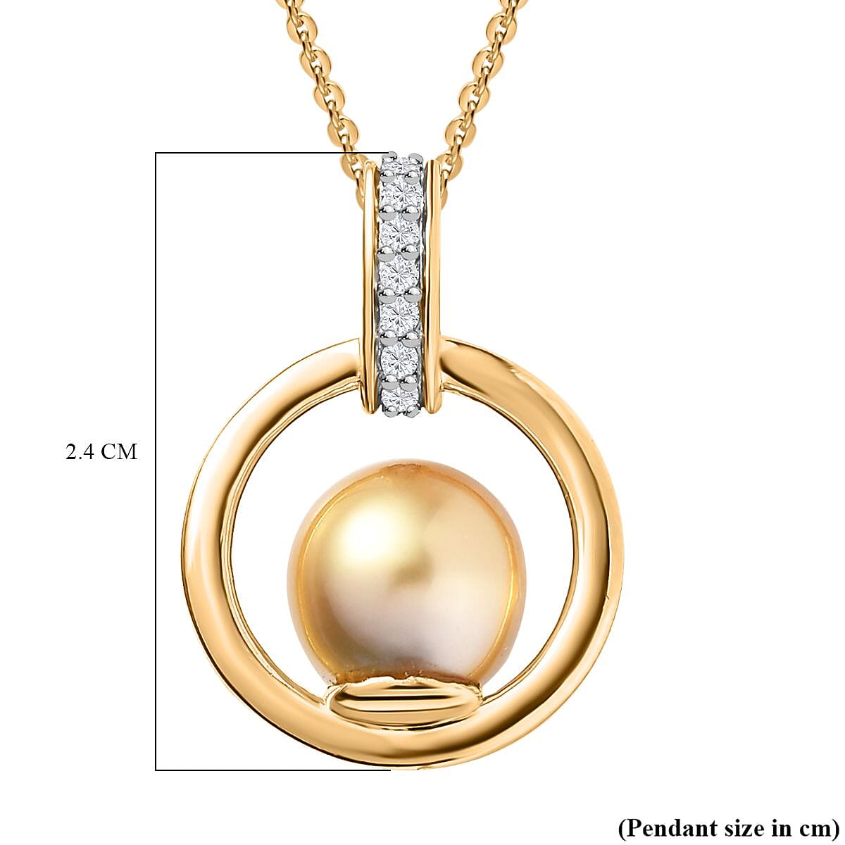 Golden South Sea Pearl & Natural Zircon Pendant with Chain (Size 20) in 18K Vermeil Yellow Gold Plated Sterling Silver