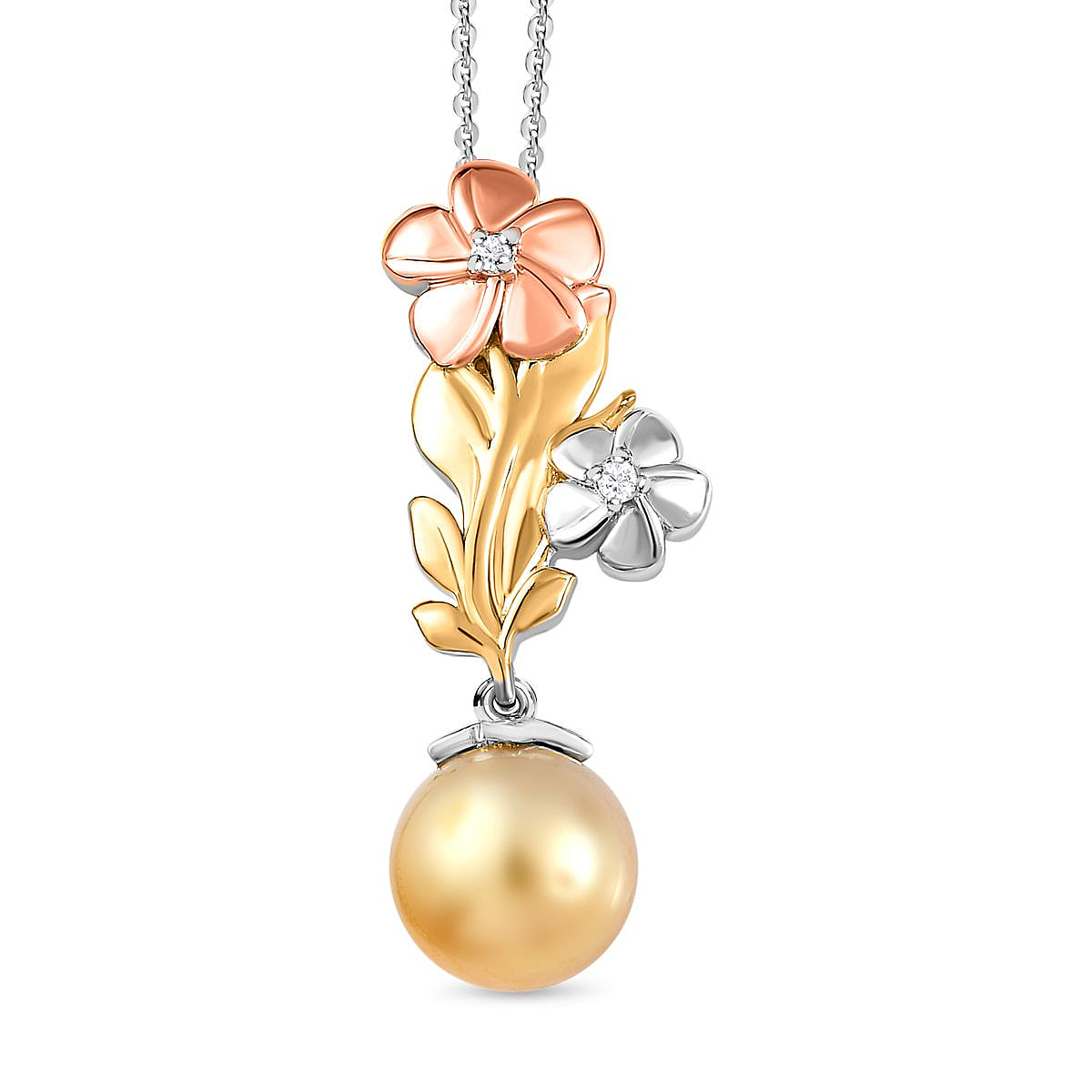Golden South Sea Pearl & Moissanite Pendant with Chain (Size 20) in Platinum Overlay, 18K Vermeil Rose Gold & Yellow Gold Plated Sterling Silver