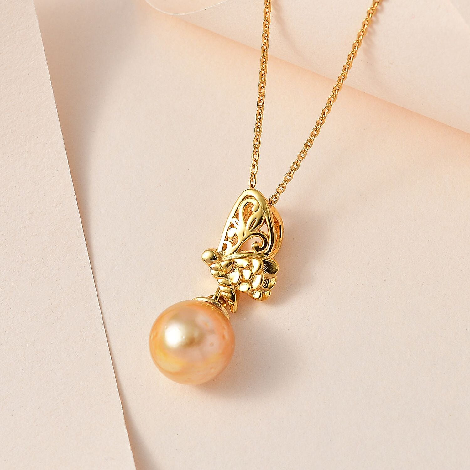 Golden South Sea Pearl Pendant with Chain (Size 20) in 18K Vermeil Yellow Gold Plated Sterling Silver