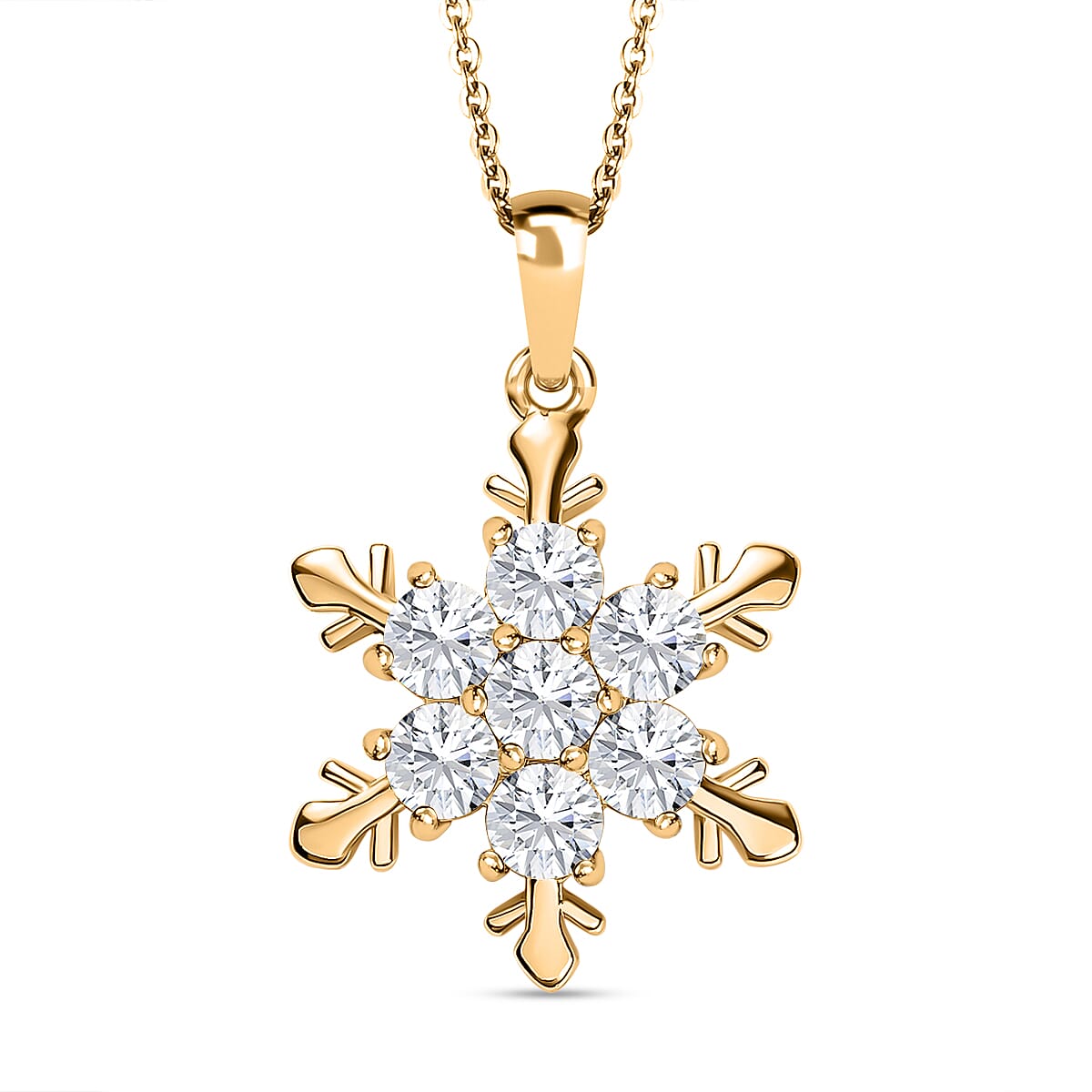 Moissanite Snowflake Pendant with Chain (Size 20) in 18K Yellow Gold Vermeil Plated Sterling Silver 1.62 Ct.
