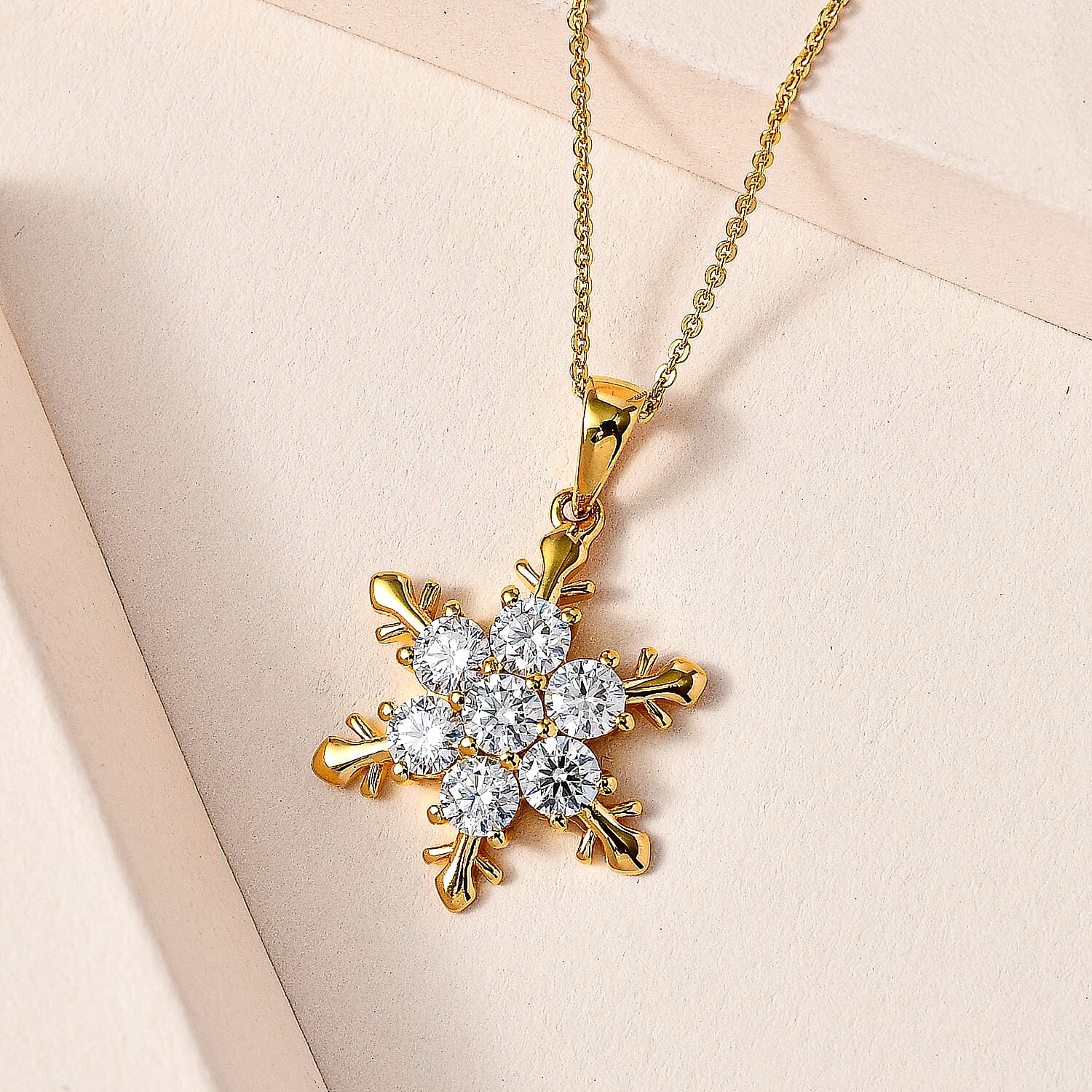 Moissanite Snowflake Pendant with Chain (Size 20) in 18K Yellow Gold Vermeil Plated Sterling Silver 1.62 Ct.