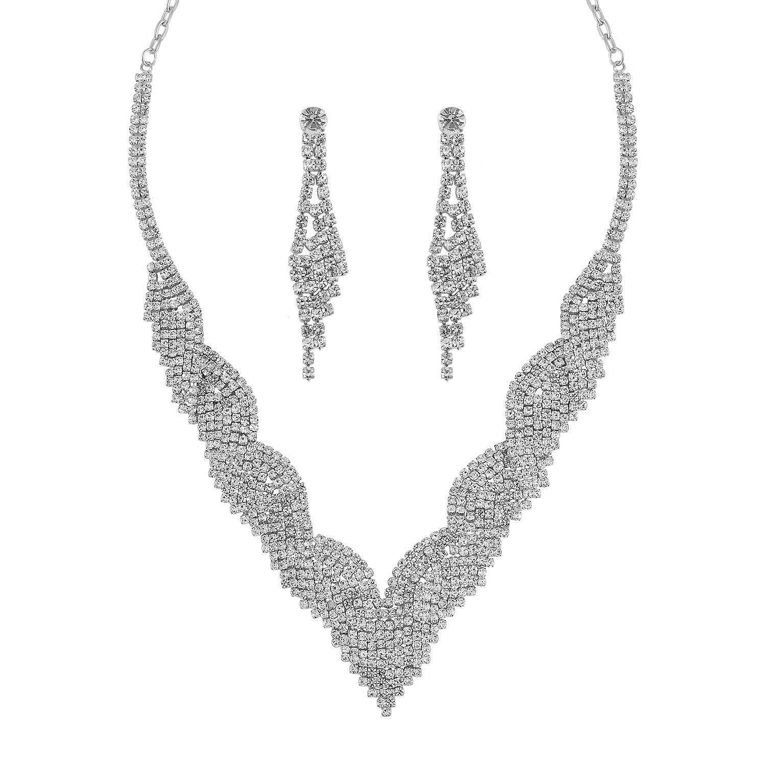 2 Piece Set - Austrian White Crystal Necklace (Size 20-2 inch Ext.) and Earrings in Silver Tone
