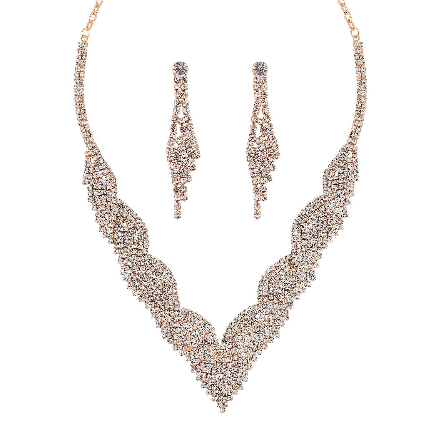 2 Piece Set - Austrian White Crystal Necklace (Size 20-2 inch Ext.) and Earrings in Gold Tone