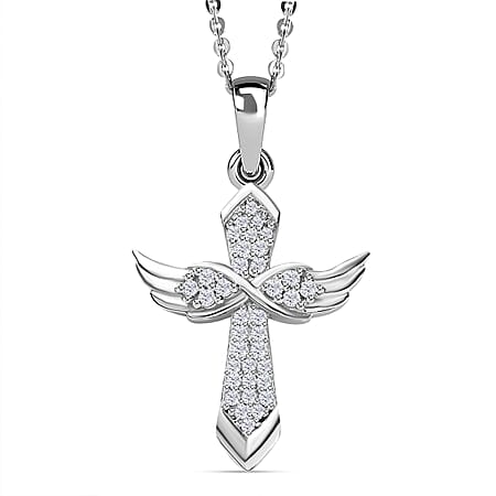 Moissanite Angel Wings Pendant with Chain (Size 20) in Platinum Overlay Sterling Silver Moissanite Angel Wings Pendant with Chain (Size 20) in Platinum Overlay Sterling Silver