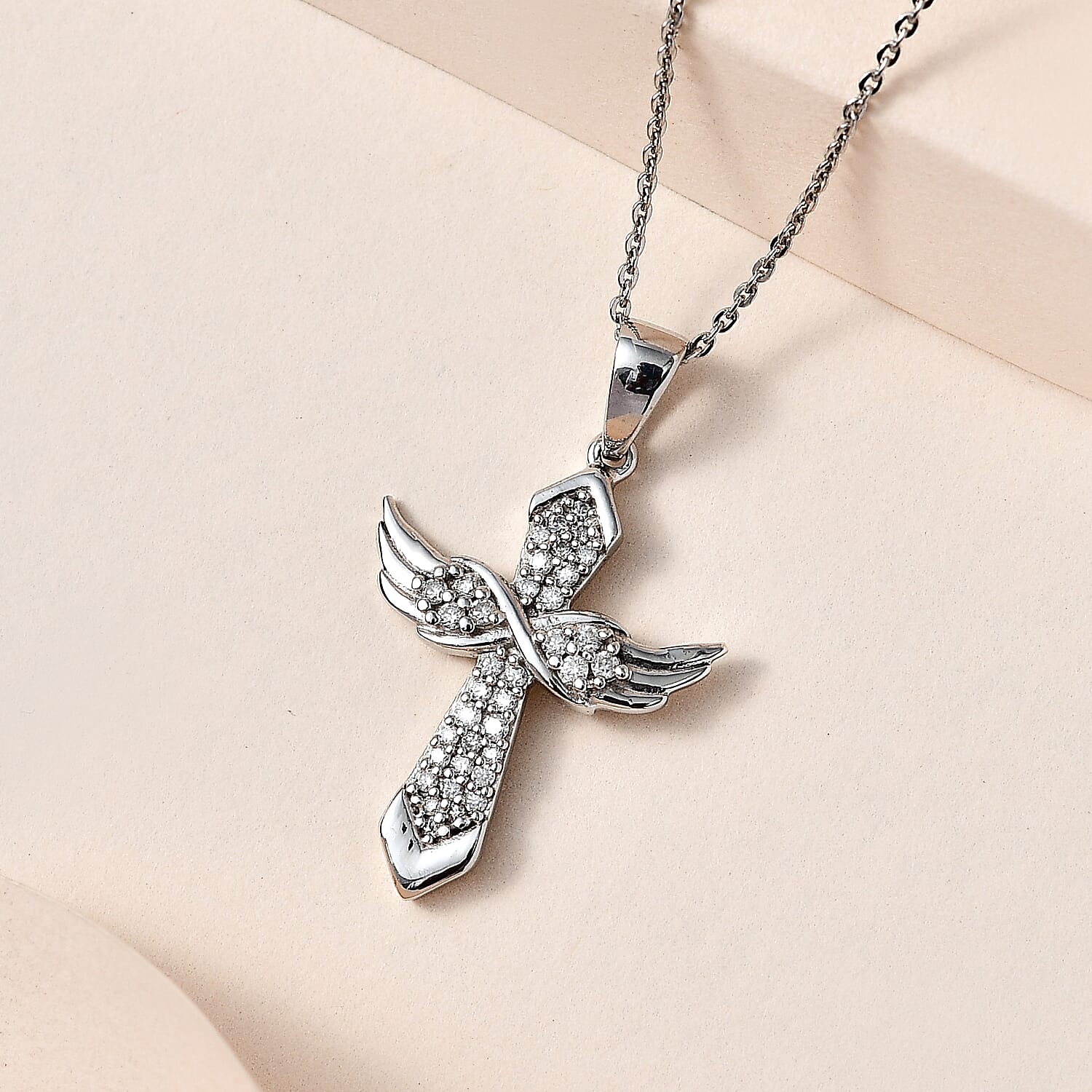 Moissanite Angel Wings Pendant with Chain (Size 20) in Platinum Overlay Sterling Silver
