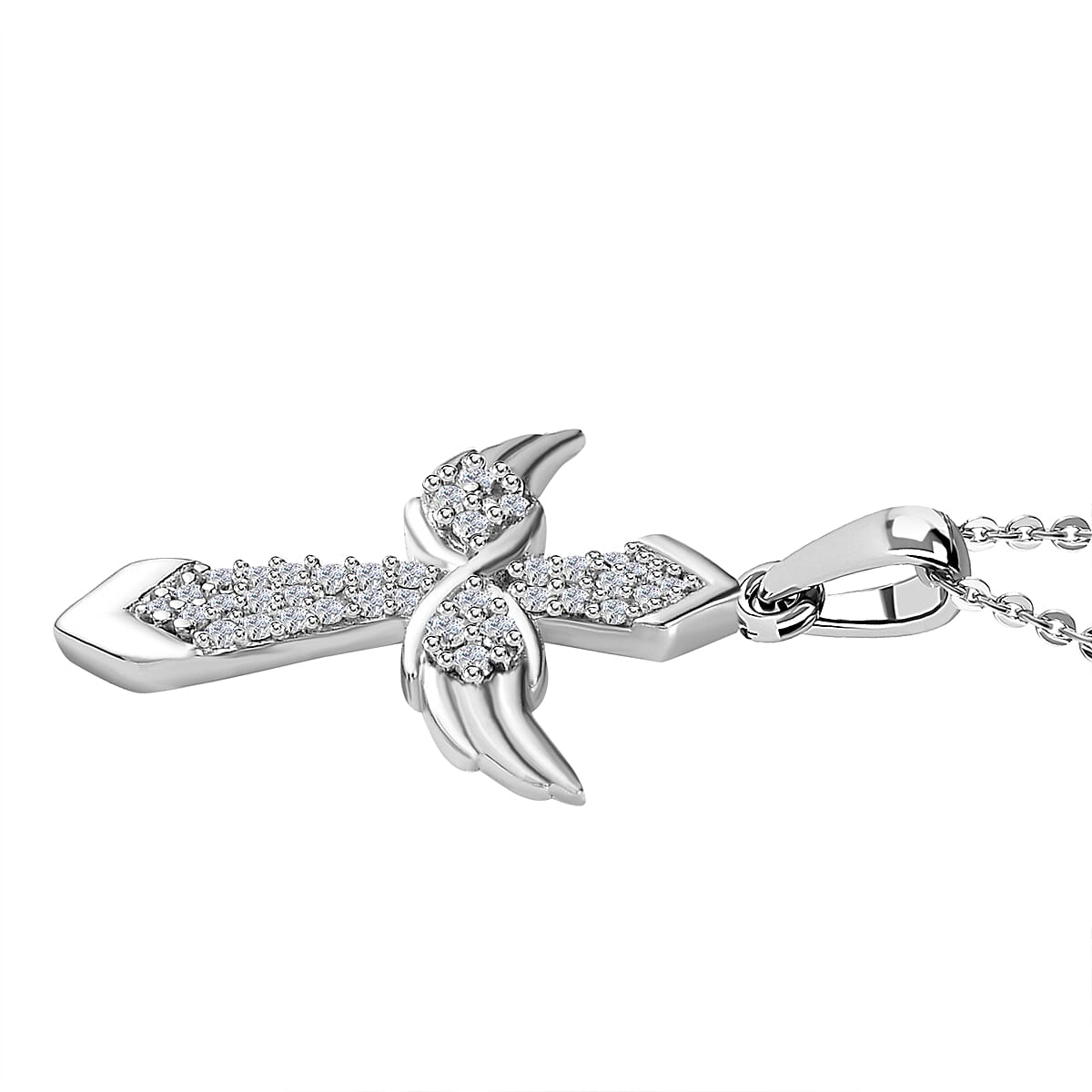 Moissanite Angel Wings Pendant with Chain (Size 20) in Platinum Overlay Sterling Silver