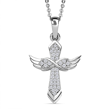 Moissanite Angel Wings Pendant with Chain (Size 20) in Platinum Overlay Sterling Silver
