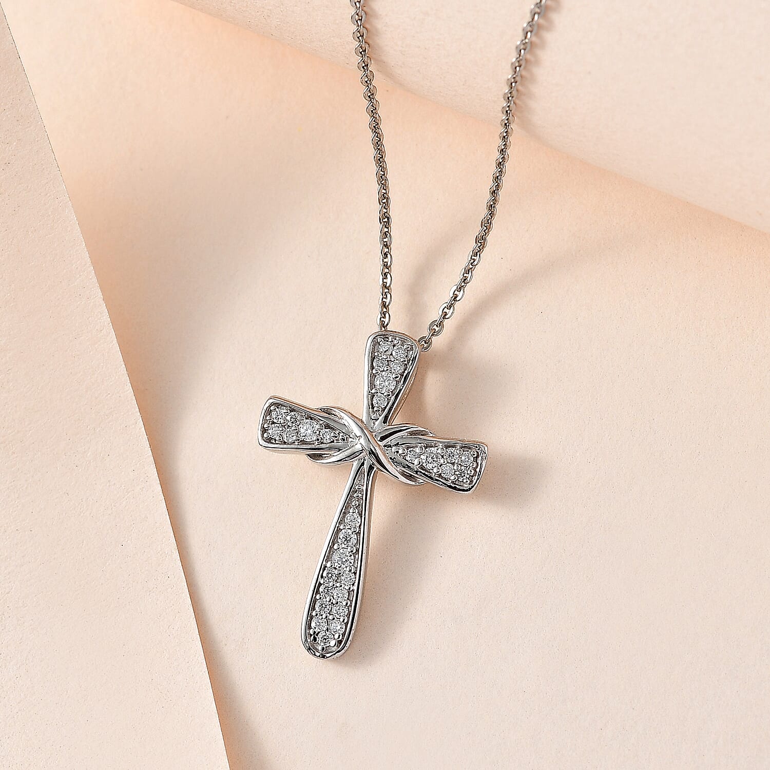 Moissanite Cross Pendant with Chain (Size 20) in Platinum Overlay Sterling Silver