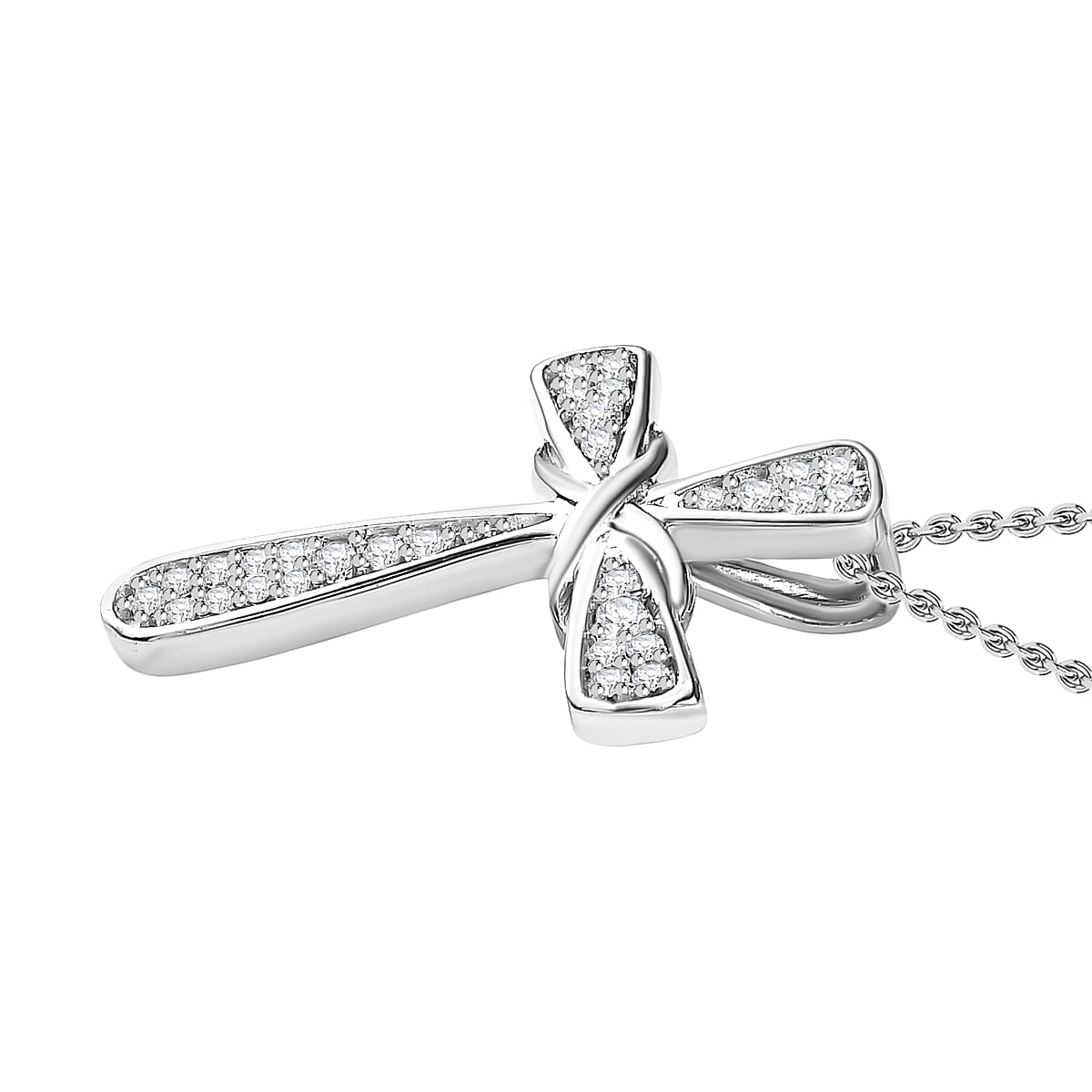 Moissanite Cross Pendant with Chain (Size 20) in Platinum Overlay Sterling Silver