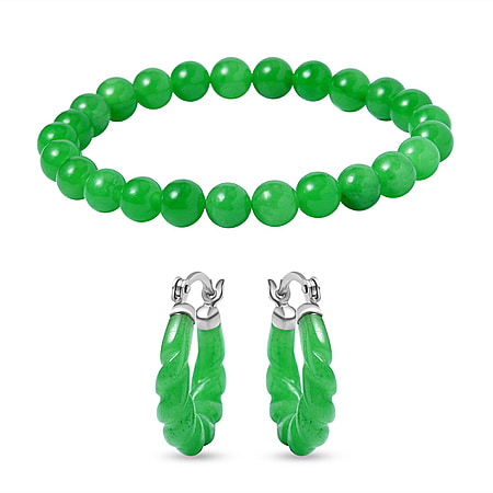 One Time Deal- AAA Green Jade Beads Bracelet and Hoop Earrings in Rhodium Overlay Sterling Silver 105.50 Ct