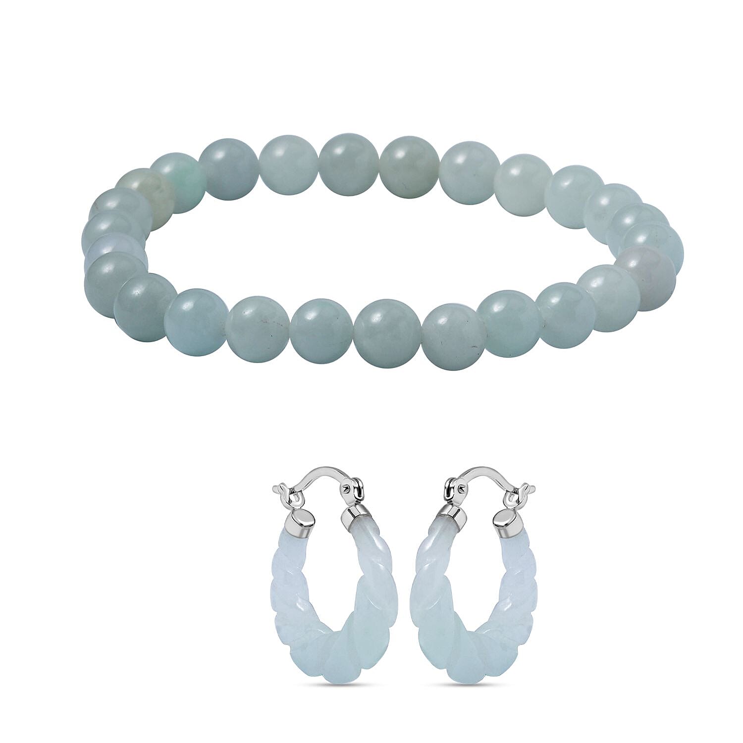 Black Friday DoorBuster - 2 Piece Set White Jadeite Jade Bracelet and Carved Hoop Earrings in Rhodium Overlay Sterling Silver 211 Ct