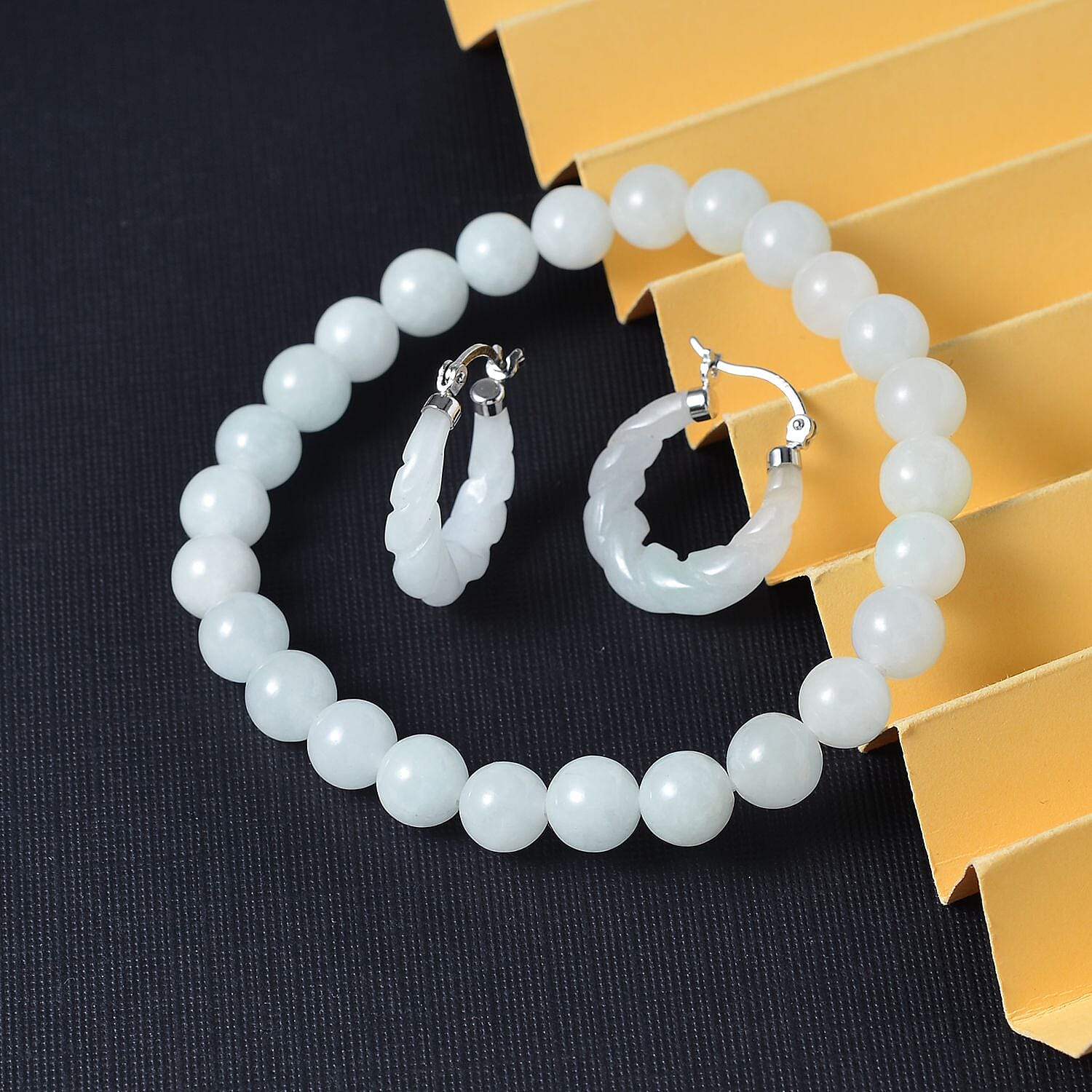 Black Friday DoorBuster - 2 Piece Set White Jadeite Jade Bracelet and Carved Hoop Earrings in Rhodium Overlay Sterling Silver 211 Ct