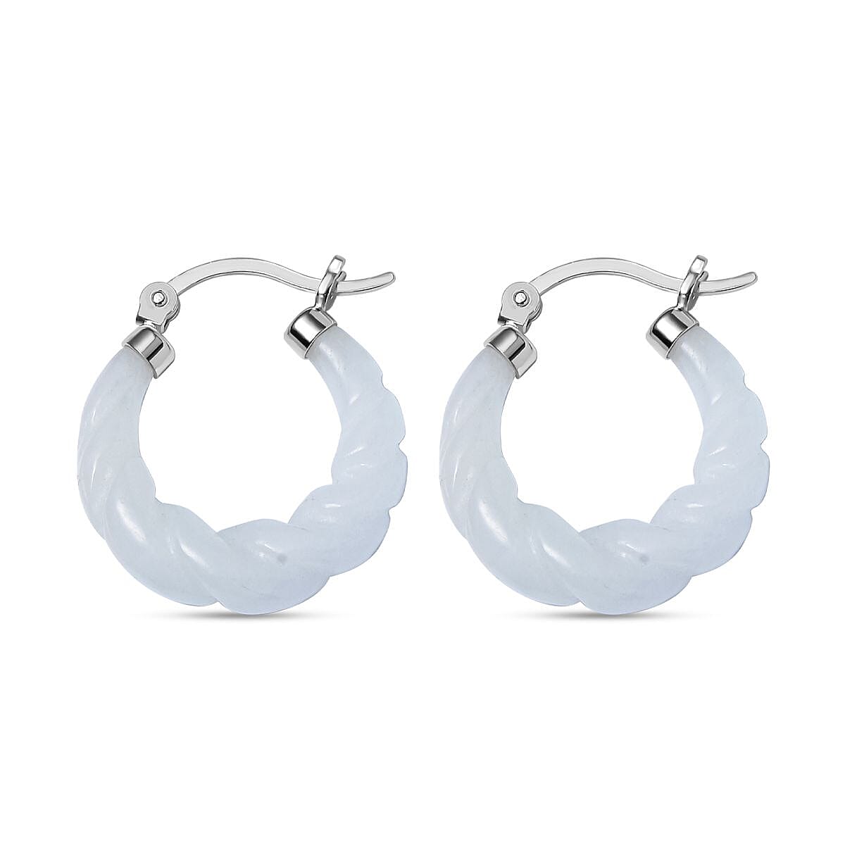 Black Friday DoorBuster - 2 Piece Set White Jadeite Jade Bracelet and Carved Hoop Earrings in Rhodium Overlay Sterling Silver 211 Ct