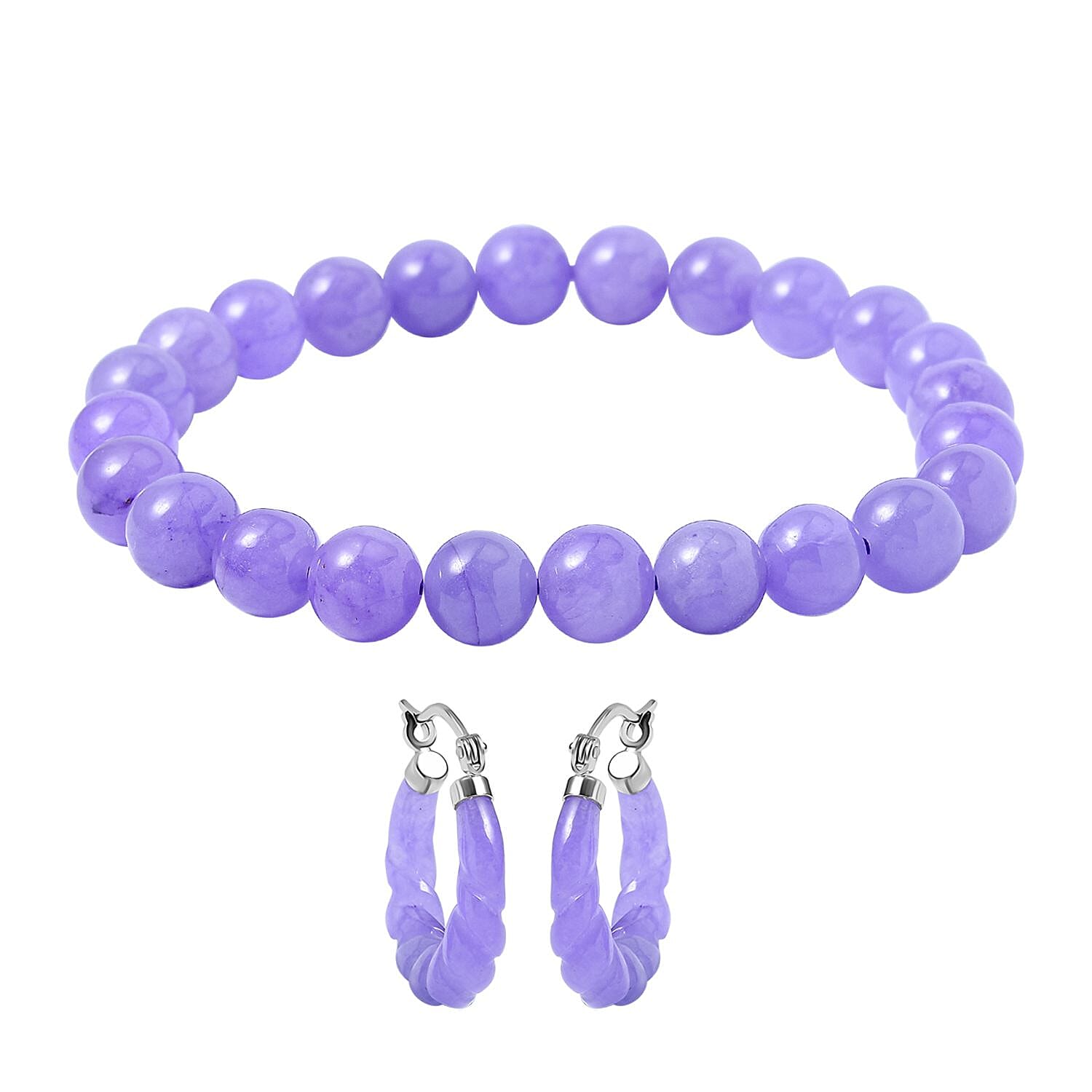 One Time Deal- AAA Purple Jade Beads Bracelet and Hoop Earrings in Rhodium Overlay Sterling Silver 123.60 Ct