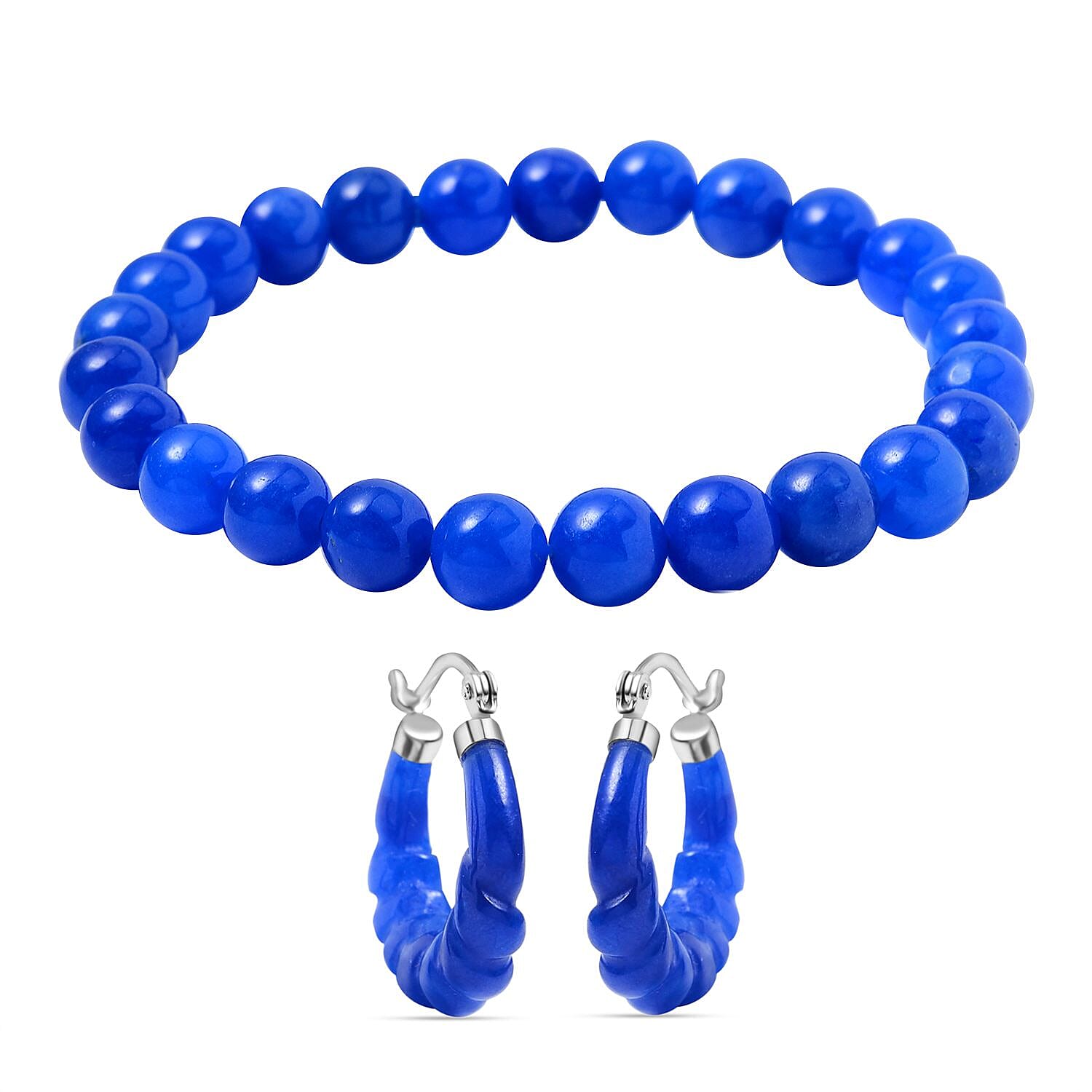 One Time Deal- AAA Blue Jade Beads Bracelet and Hoop Earrings in Rhodium Overlay Sterling Silver 123.60 Ct