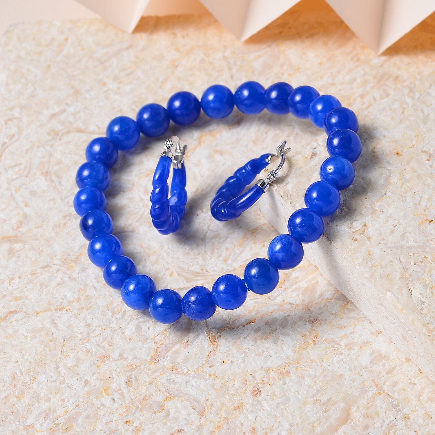 One Time Deal- AAA Blue Jade Beads Bracelet and Hoop Earrings in Rhodium Overlay Sterling Silver 123.60 Ct