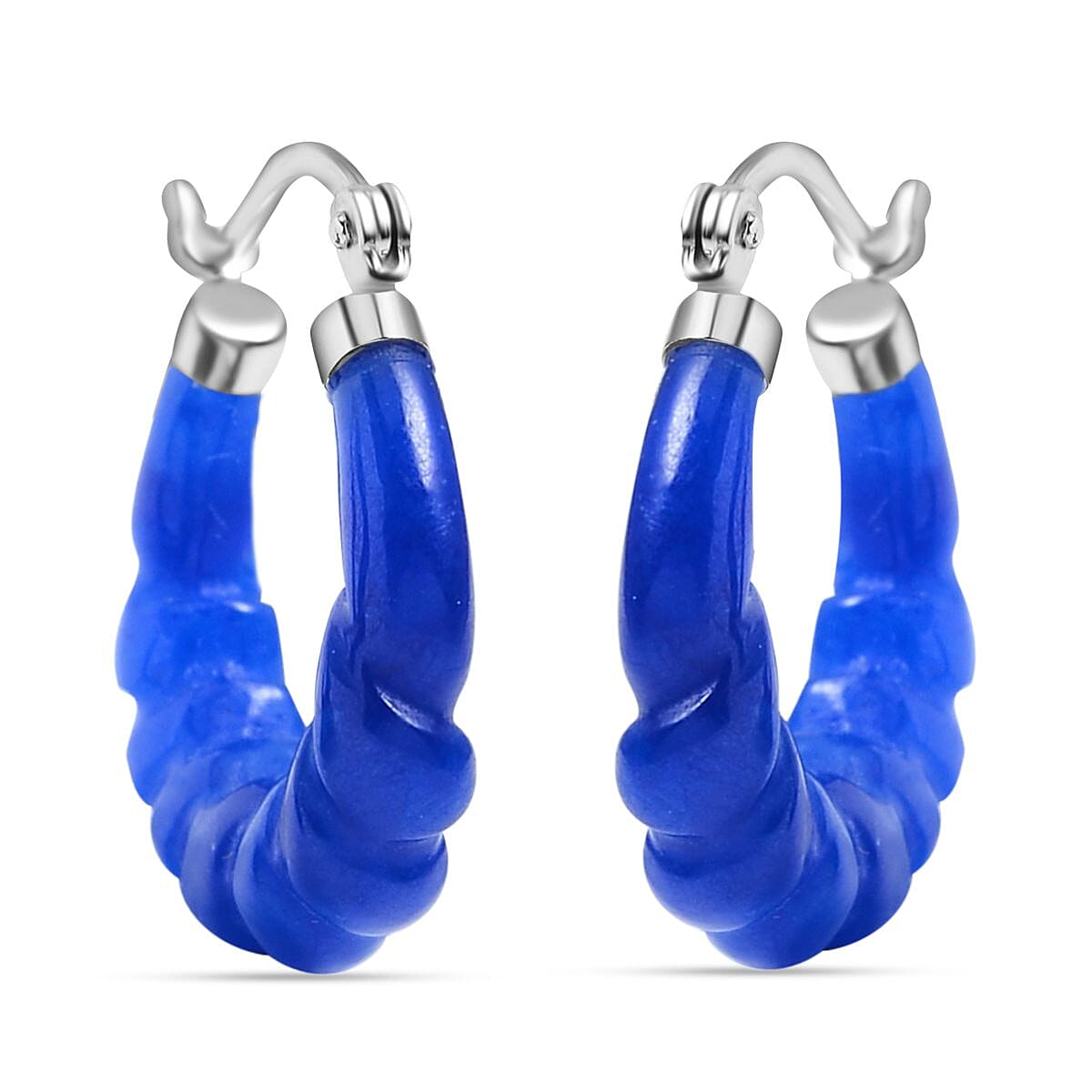 One Time Deal- AAA Blue Jade Beads Bracelet and Hoop Earrings in Rhodium Overlay Sterling Silver 123.60 Ct