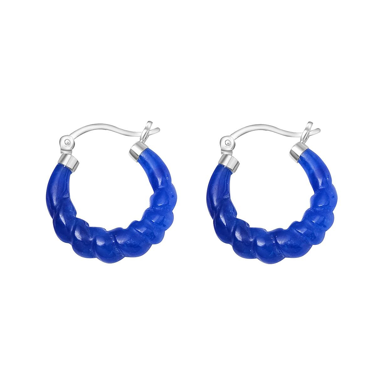 One Time Deal- AAA Blue Jade Beads Bracelet and Hoop Earrings in Rhodium Overlay Sterling Silver 123.60 Ct