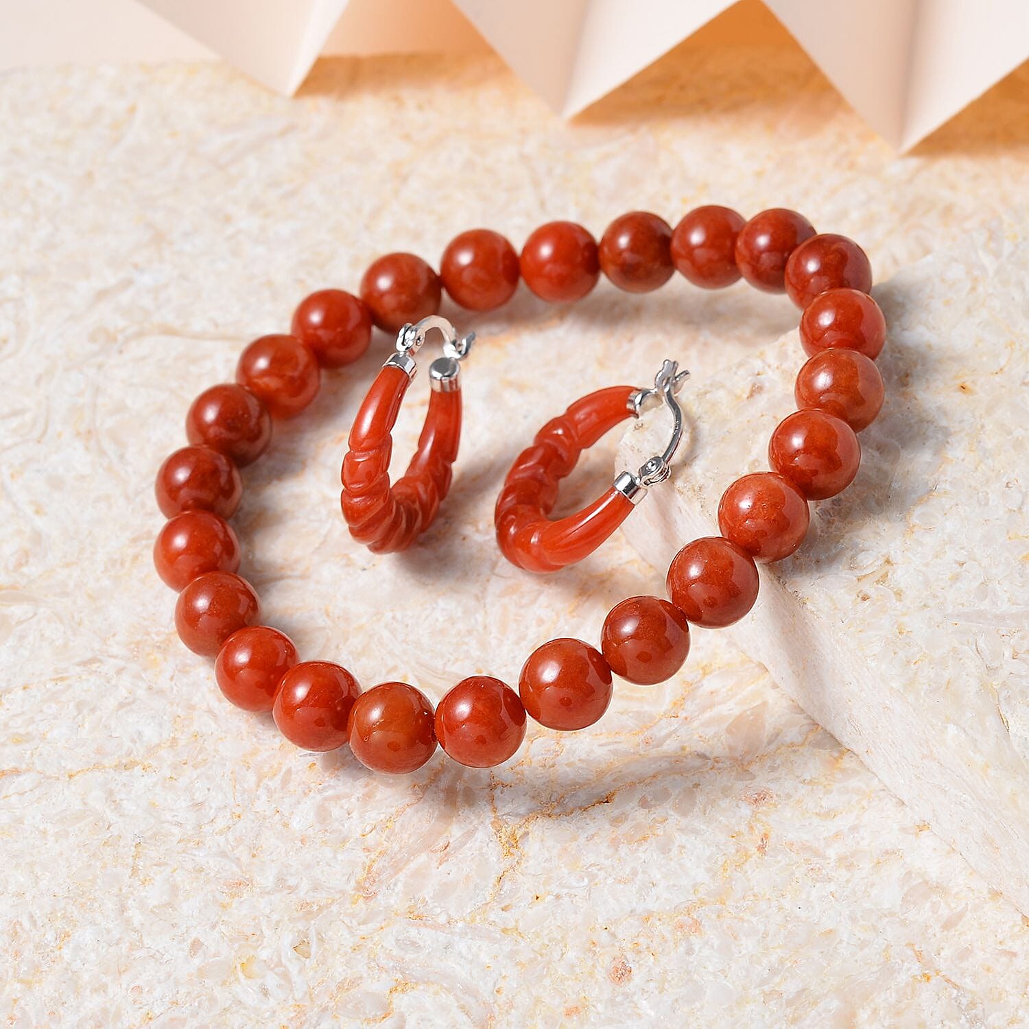 One Time Deal- AAA Red Jade Beads Bracelet and Hoop Earrings in Rhodium Overlay Sterling Silver 128.50 Ct