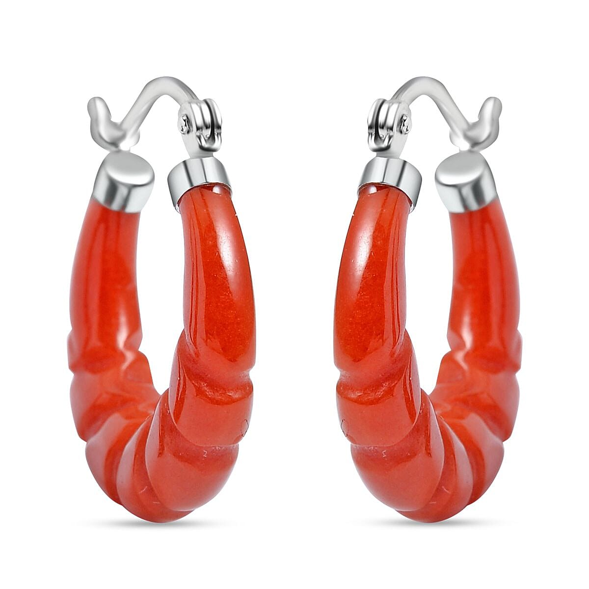 One Time Deal- AAA Red Jade Beads Bracelet and Hoop Earrings in Rhodium Overlay Sterling Silver 128.50 Ct