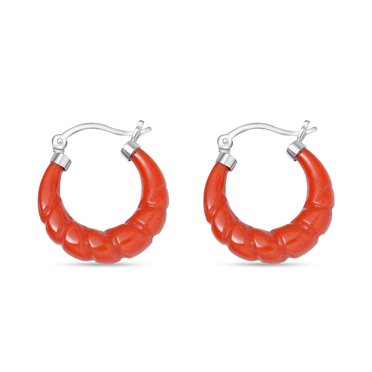 One Time Deal- AAA Red Jade Beads Bracelet and Hoop Earrings in Rhodium Overlay Sterling Silver 128.50 Ct