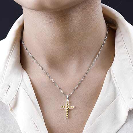Citrine Sterling Silver Cross Pendant with Chain (Size 20)
