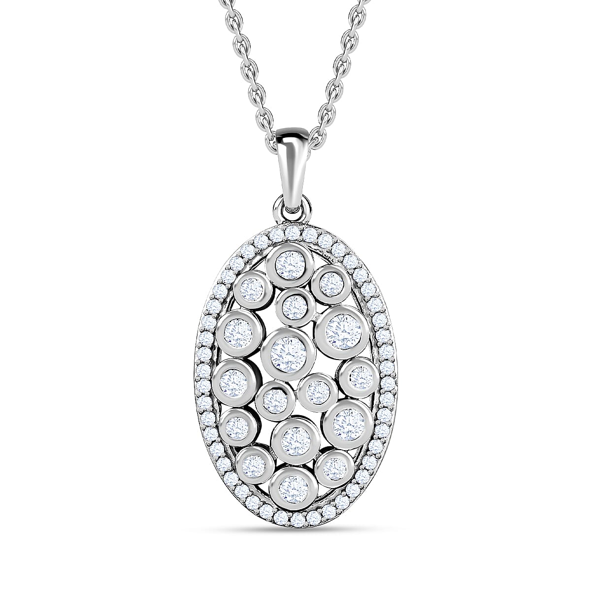 Designer Inspired Cubic Zirconia Platinum Overlay Sterling Silver Oval Locket Pendant with Chain (Size 20)