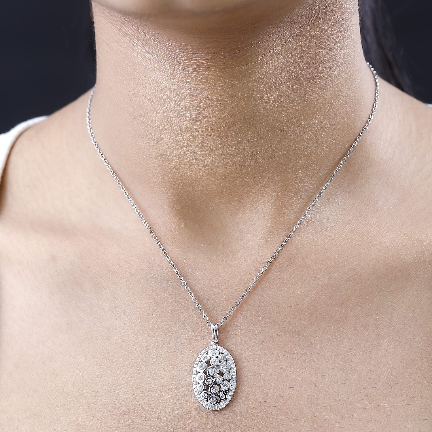 Designer Inspired Cubic Zirconia Platinum Overlay Sterling Silver Oval Locket Pendant with Chain (Size 20)