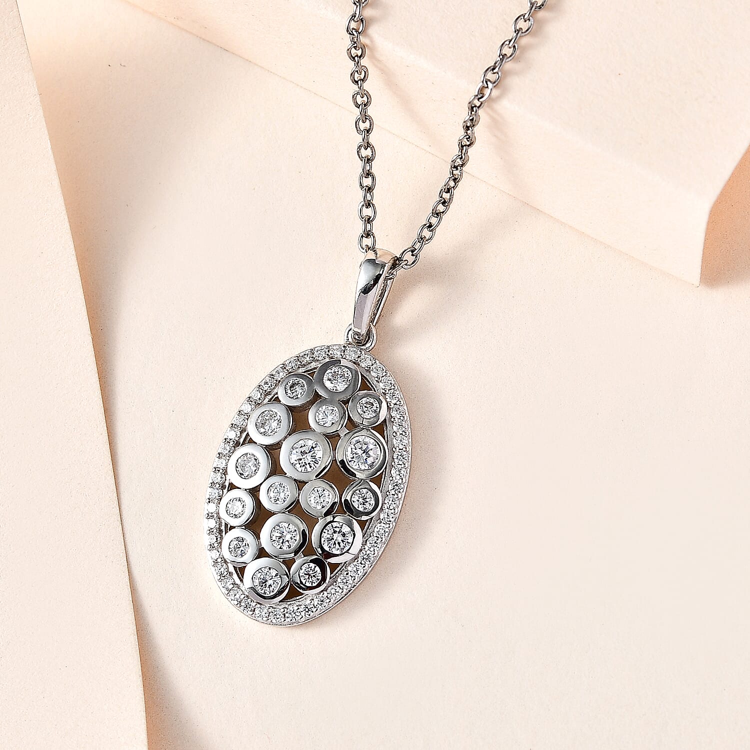 Designer Inspired Cubic Zirconia Platinum Overlay Sterling Silver Oval Locket Pendant with Chain (Size 20)