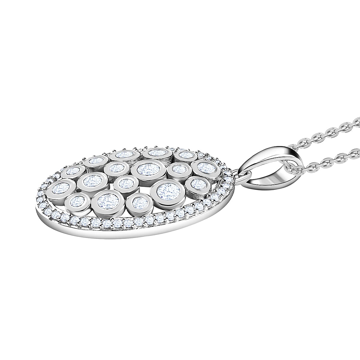Designer Inspired Cubic Zirconia Platinum Overlay Sterling Silver Oval Locket Pendant with Chain (Size 20)