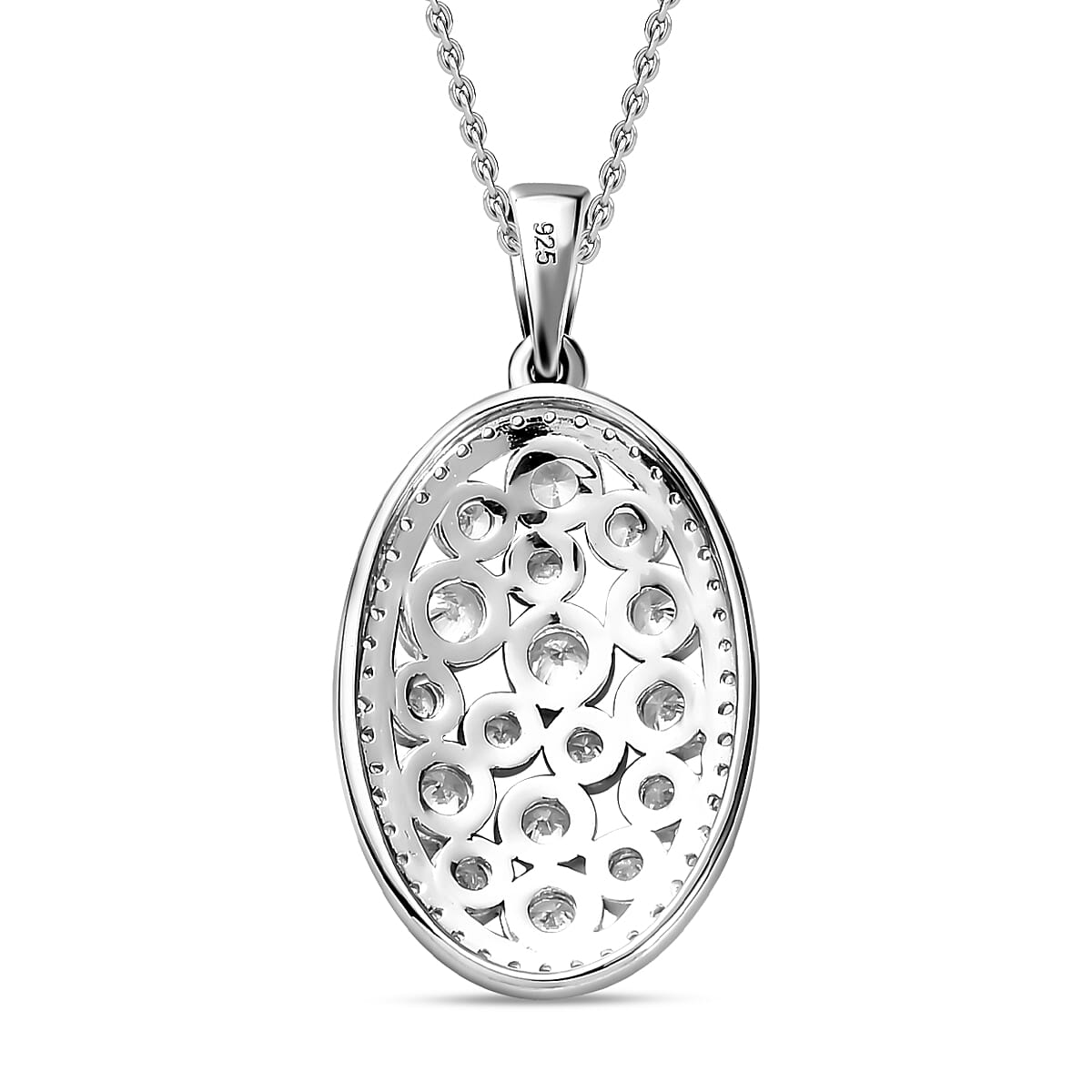 Designer Inspired Cubic Zirconia Platinum Overlay Sterling Silver Oval Locket Pendant with Chain (Size 20)