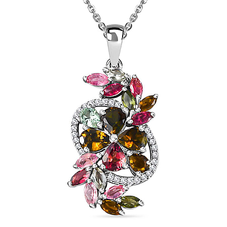 Multi-Tourmaline & Natural Zircon Pendant with Chain (Size 20) in Platinum Overlay Sterling Silver 3.00 Ct.