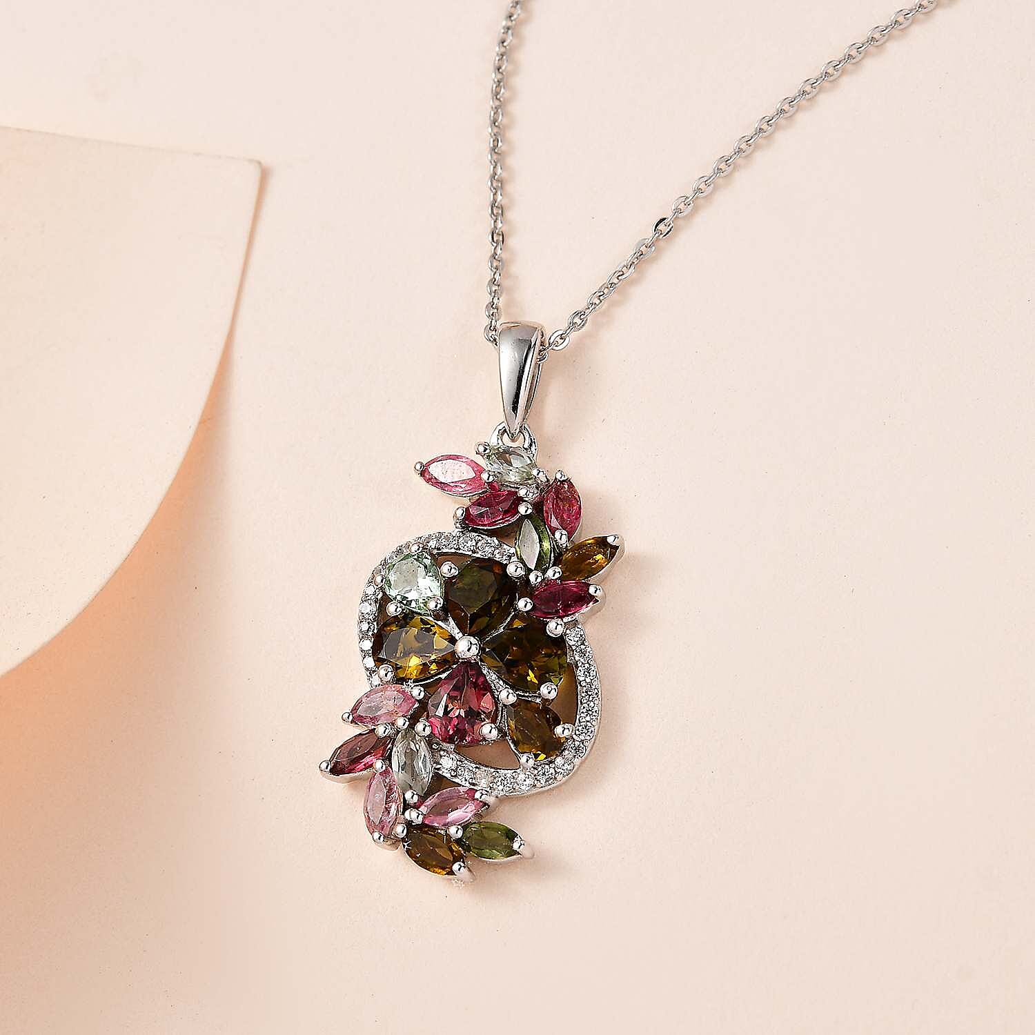 Multi-Tourmaline & Natural Zircon Pendant with Chain (Size 20) in Platinum Overlay Sterling Silver 3.00 Ct.